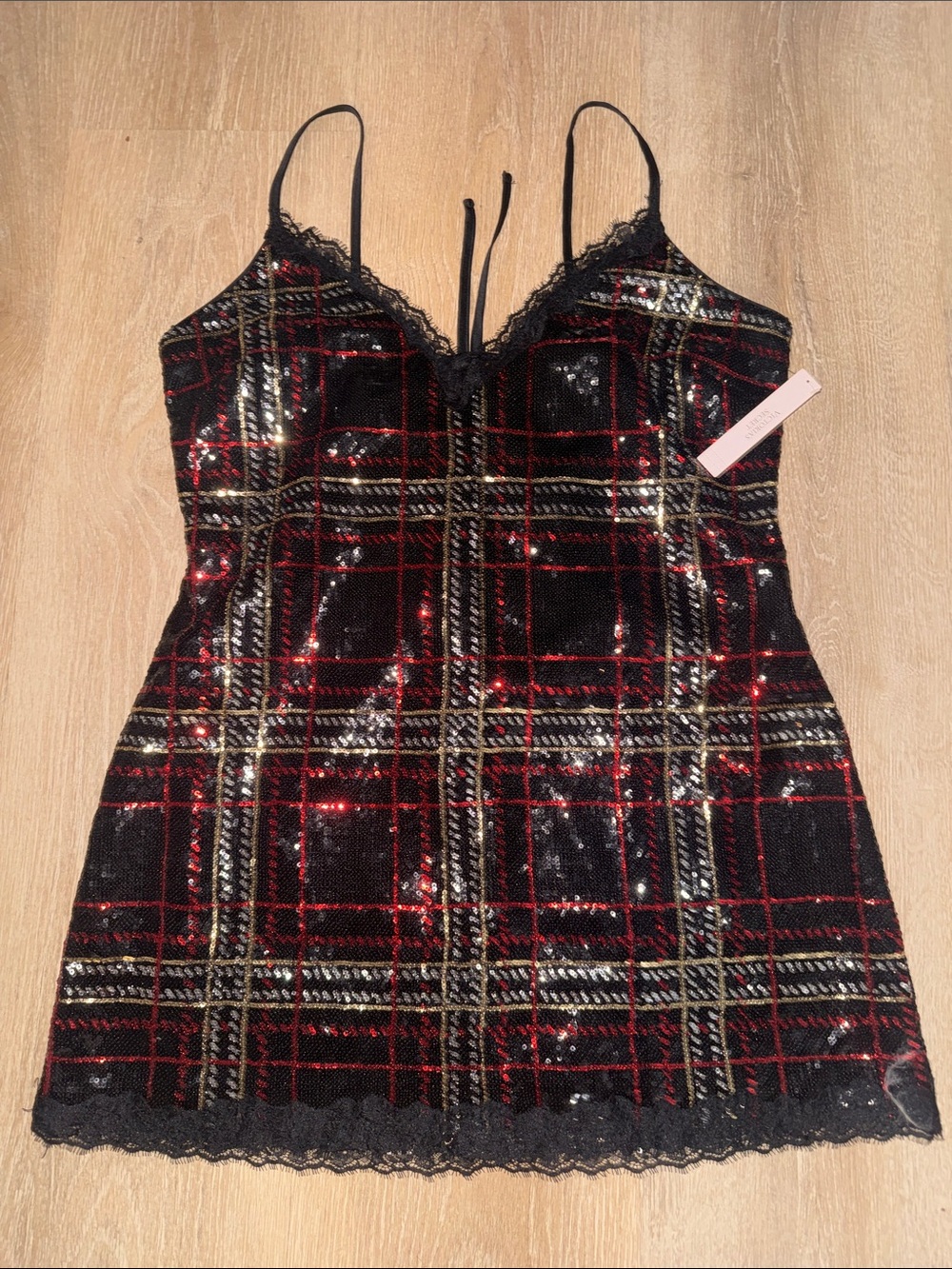 Victoria's Secret Black Sequin Plaid Slip Dress